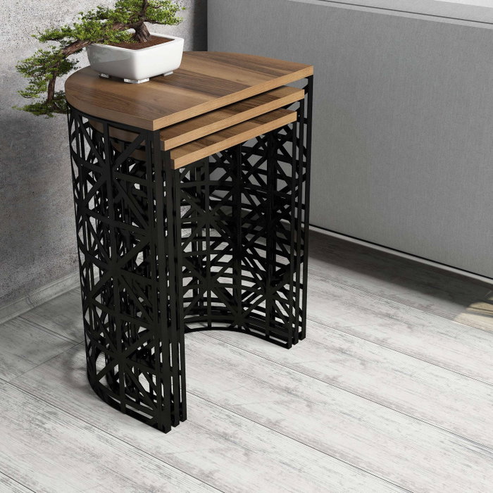 Hanah Home Stil Metal Ferforje - Juego de 3 mesas nido Nogal y Negro